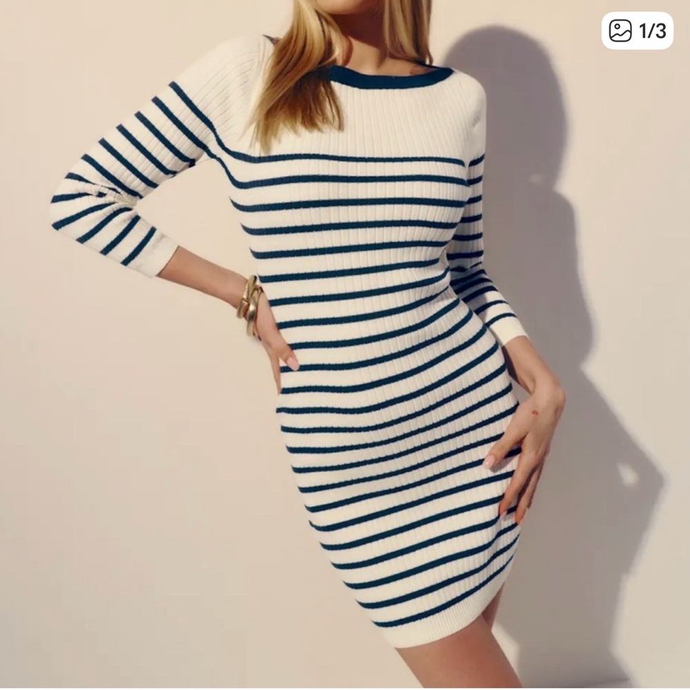 Reformation Navy and White Striped Long Sleeve Dress